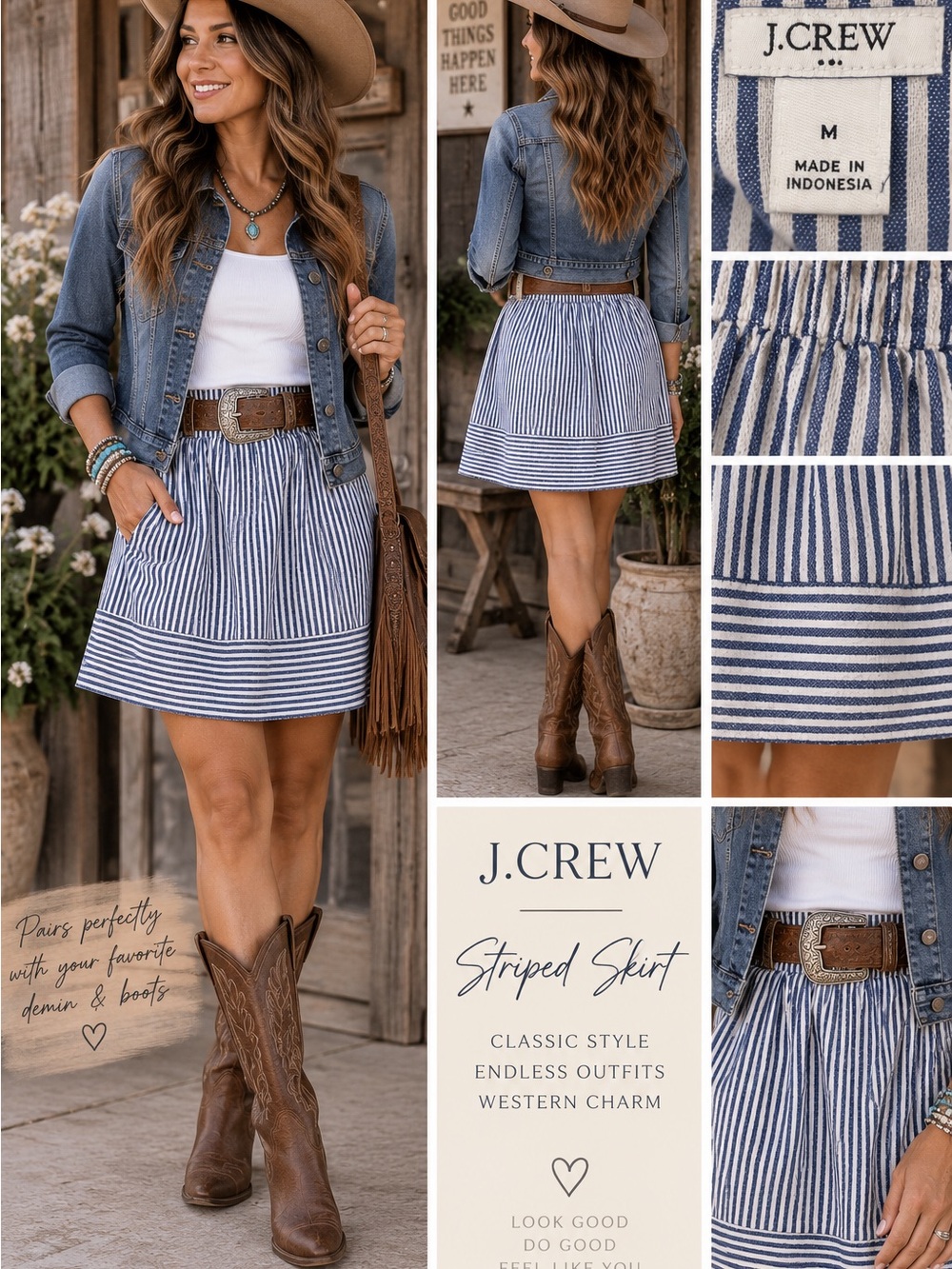 J.Crew Blue White Striped A-Line Skirt M Elastic Waist Ruffle Hem